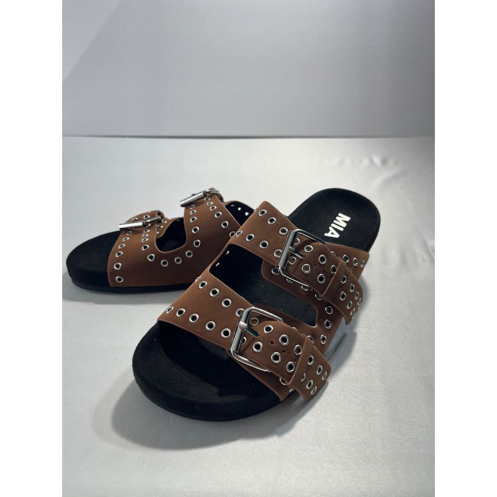 MIA‎ Brooklyn Grommet Buckle Double Strap Slide Sandals Women 6 Brown Edgy Punk